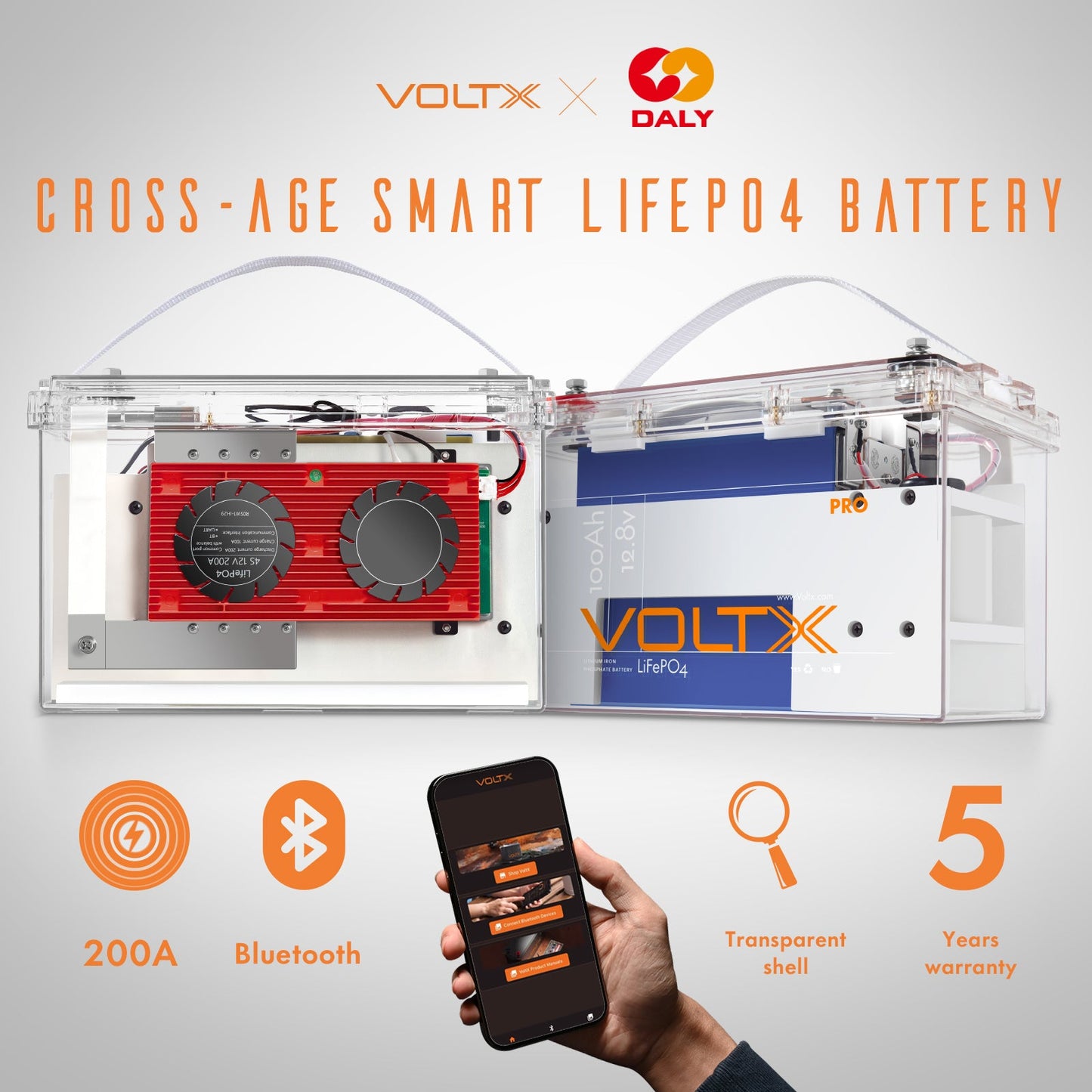 VoltX 12V 100Ah Bluetooth Daly LiFePO4 Battery
